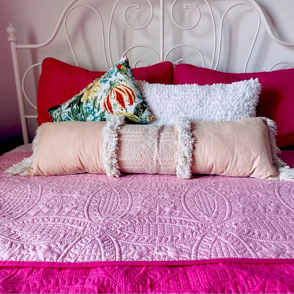 Opalhouse Boho Pink and white embroidered fringe Oversized Oblong Throw Pillow
